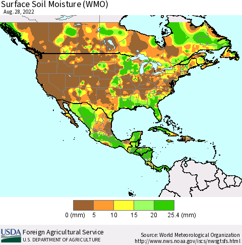 North America Surface Soil Moisture (WMO) Thematic Map For 8/22/2022 - 8/28/2022