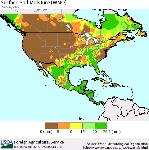North America Surface Soil Moisture (WMO) Thematic Map For 8/29/2022 - 9/4/2022