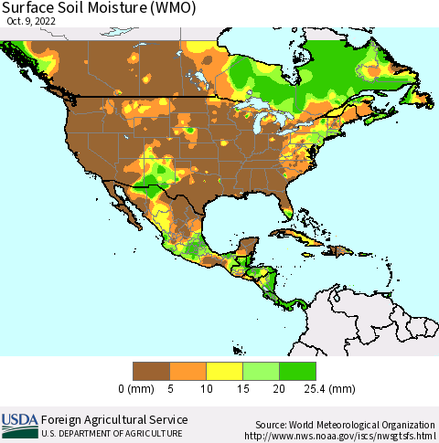 North America Surface Soil Moisture (WMO) Thematic Map For 10/3/2022 - 10/9/2022