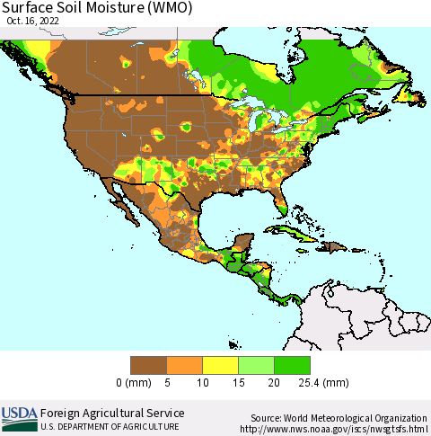North America Surface Soil Moisture (WMO) Thematic Map For 10/10/2022 - 10/16/2022