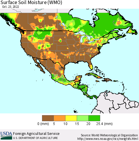 North America Surface Soil Moisture (WMO) Thematic Map For 10/17/2022 - 10/23/2022