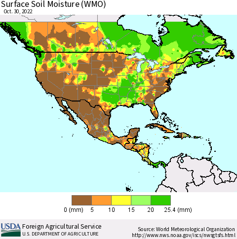 North America Surface Soil Moisture (WMO) Thematic Map For 10/24/2022 - 10/30/2022