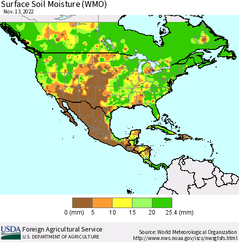 North America Surface Soil Moisture (WMO) Thematic Map For 11/7/2022 - 11/13/2022