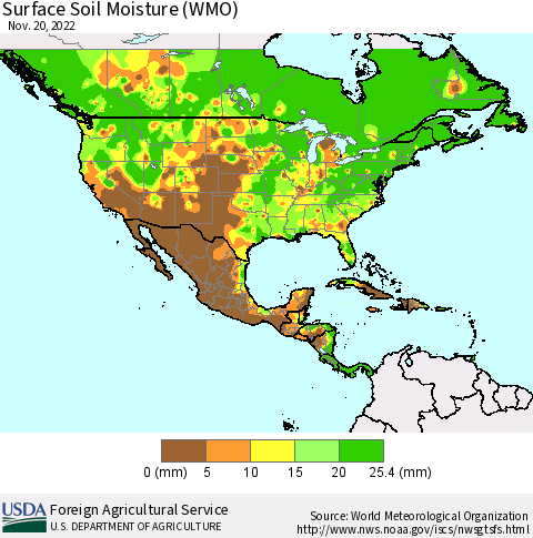 North America Surface Soil Moisture (WMO) Thematic Map For 11/14/2022 - 11/20/2022