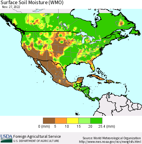 North America Surface Soil Moisture (WMO) Thematic Map For 11/21/2022 - 11/27/2022