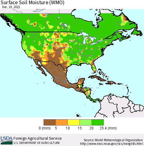North America Surface Soil Moisture (WMO) Thematic Map For 12/12/2022 - 12/18/2022