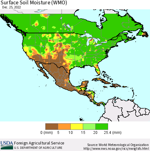 North America Surface Soil Moisture (WMO) Thematic Map For 12/19/2022 - 12/25/2022