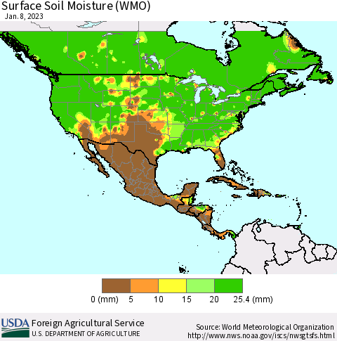 North America Surface Soil Moisture (WMO) Thematic Map For 1/2/2023 - 1/8/2023