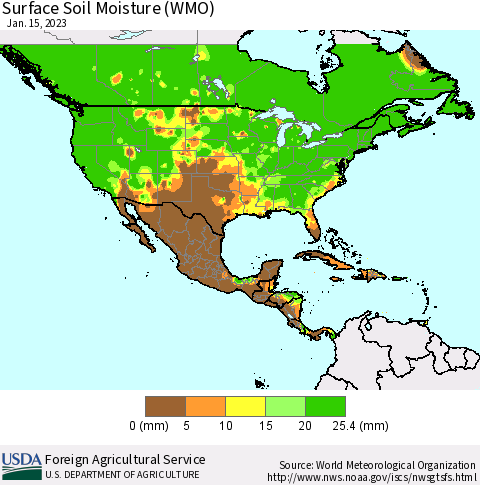 North America Surface Soil Moisture (WMO) Thematic Map For 1/9/2023 - 1/15/2023
