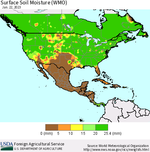 North America Surface Soil Moisture (WMO) Thematic Map For 1/16/2023 - 1/22/2023