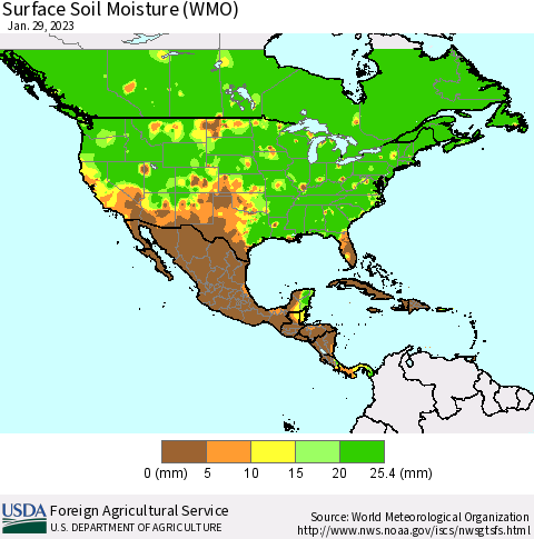 North America Surface Soil Moisture (WMO) Thematic Map For 1/23/2023 - 1/29/2023