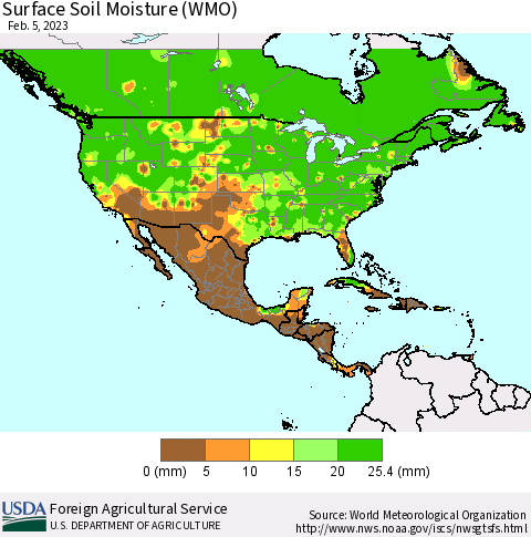 North America Surface Soil Moisture (WMO) Thematic Map For 1/30/2023 - 2/5/2023