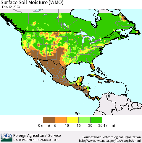 North America Surface Soil Moisture (WMO) Thematic Map For 2/6/2023 - 2/12/2023