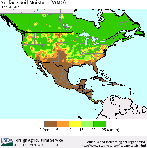 North America Surface Soil Moisture (WMO) Thematic Map For 2/20/2023 - 2/26/2023