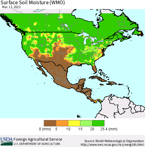 North America Surface Soil Moisture (WMO) Thematic Map For 3/6/2023 - 3/12/2023