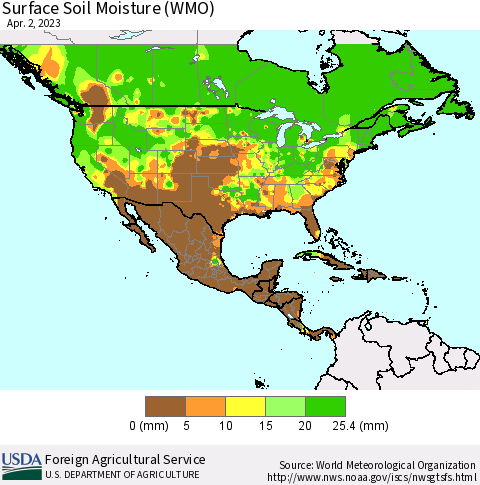 North America Surface Soil Moisture (WMO) Thematic Map For 3/27/2023 - 4/2/2023