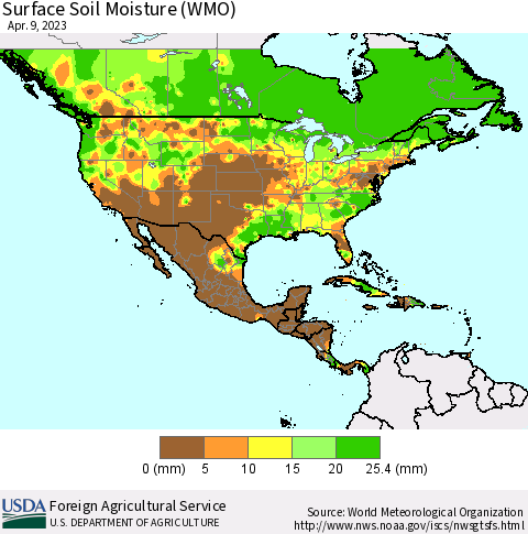 North America Surface Soil Moisture (WMO) Thematic Map For 4/3/2023 - 4/9/2023