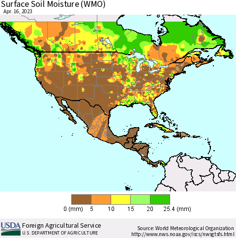North America Surface Soil Moisture (WMO) Thematic Map For 4/10/2023 - 4/16/2023