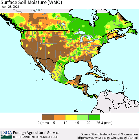 North America Surface Soil Moisture (WMO) Thematic Map For 4/17/2023 - 4/23/2023