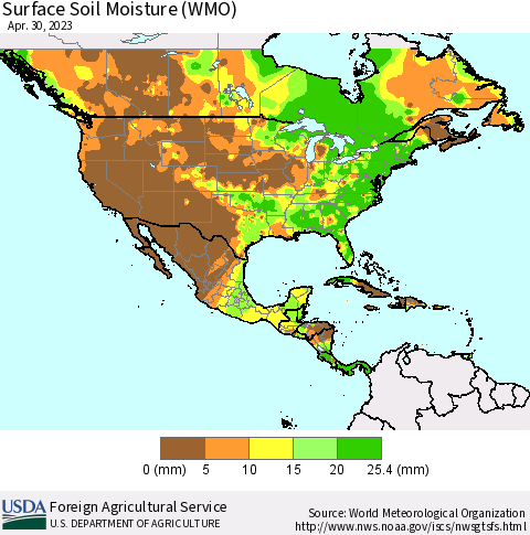 North America Surface Soil Moisture (WMO) Thematic Map For 4/24/2023 - 4/30/2023