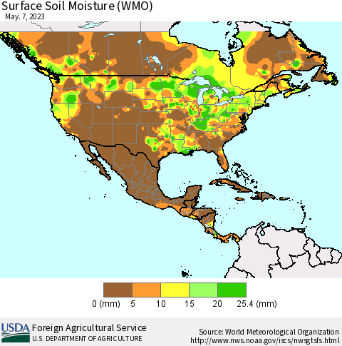 North America Surface Soil Moisture (WMO) Thematic Map For 5/1/2023 - 5/7/2023