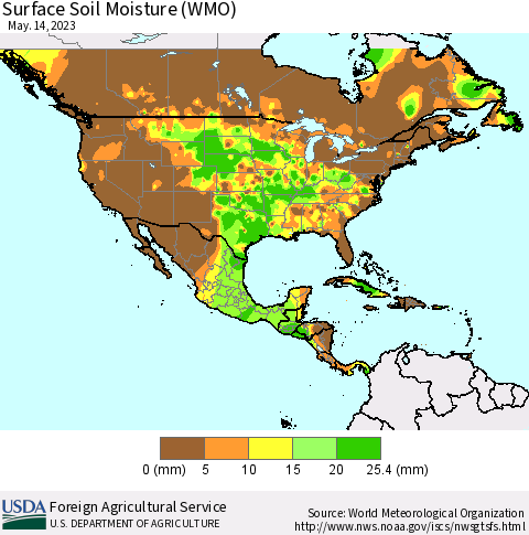 North America Surface Soil Moisture (WMO) Thematic Map For 5/8/2023 - 5/14/2023