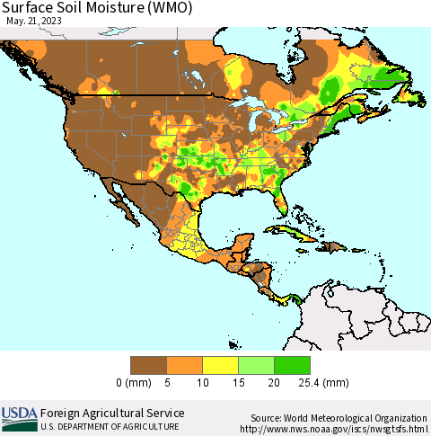 North America Surface Soil Moisture (WMO) Thematic Map For 5/15/2023 - 5/21/2023