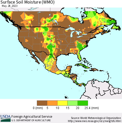North America Surface Soil Moisture (WMO) Thematic Map For 5/22/2023 - 5/28/2023
