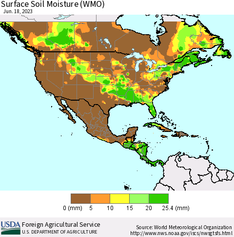 North America Surface Soil Moisture (WMO) Thematic Map For 6/12/2023 - 6/18/2023