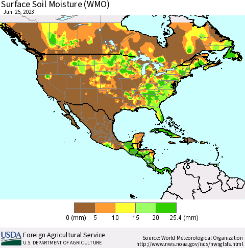 North America Surface Soil Moisture (WMO) Thematic Map For 6/19/2023 - 6/25/2023