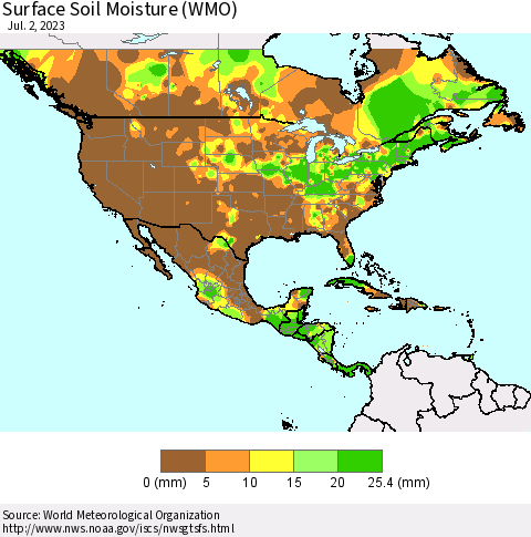 North America Surface Soil Moisture (WMO) Thematic Map For 6/26/2023 - 7/2/2023