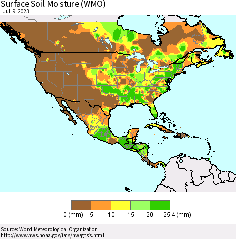 North America Surface Soil Moisture (WMO) Thematic Map For 7/3/2023 - 7/9/2023