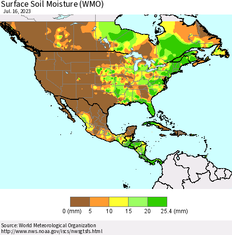 North America Surface Soil Moisture (WMO) Thematic Map For 7/10/2023 - 7/16/2023