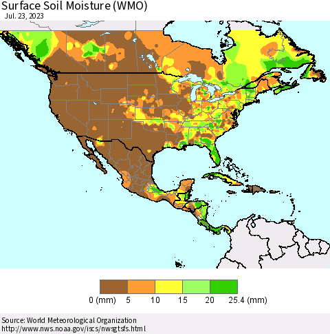 North America Surface Soil Moisture (WMO) Thematic Map For 7/17/2023 - 7/23/2023