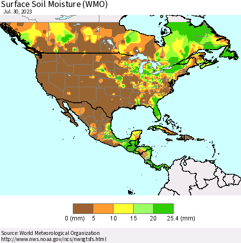 North America Surface Soil Moisture (WMO) Thematic Map For 7/24/2023 - 7/30/2023