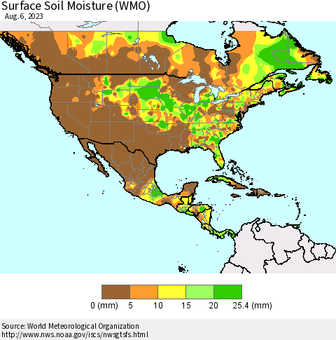 North America Surface Soil Moisture (WMO) Thematic Map For 7/31/2023 - 8/6/2023