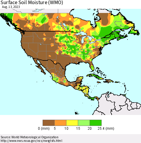 North America Surface Soil Moisture (WMO) Thematic Map For 8/7/2023 - 8/13/2023