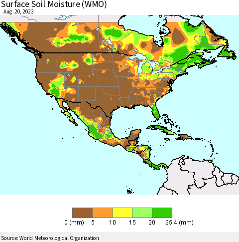 North America Surface Soil Moisture (WMO) Thematic Map For 8/14/2023 - 8/20/2023