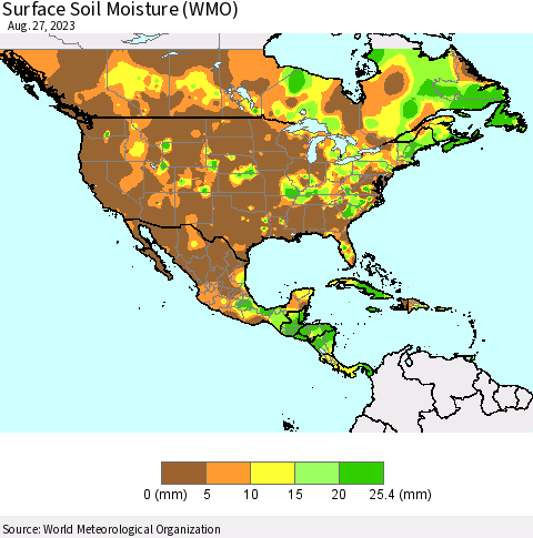 North America Surface Soil Moisture (WMO) Thematic Map For 8/21/2023 - 8/27/2023