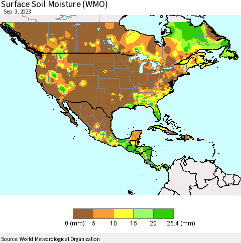 North America Surface Soil Moisture (WMO) Thematic Map For 8/28/2023 - 9/3/2023