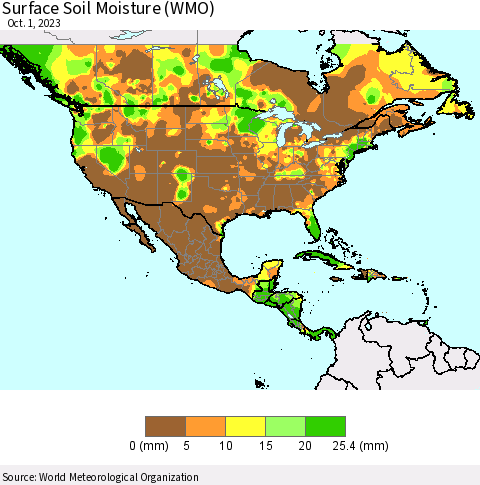 North America Surface Soil Moisture (WMO) Thematic Map For 9/25/2023 - 10/1/2023
