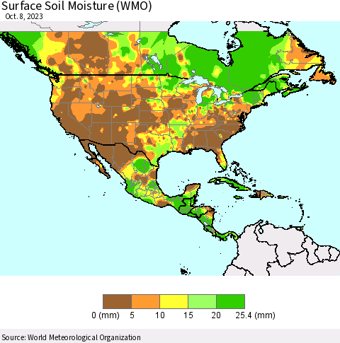 North America Surface Soil Moisture (WMO) Thematic Map For 10/2/2023 - 10/8/2023
