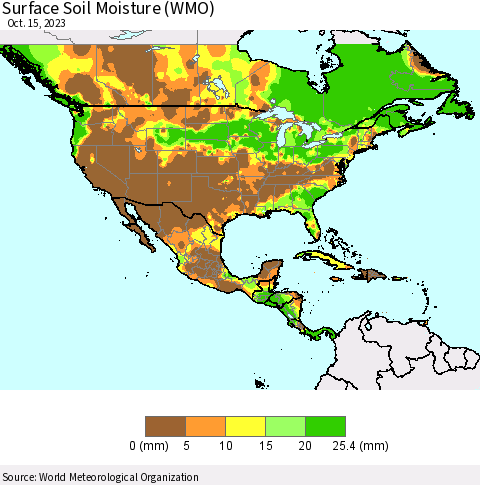 North America Surface Soil Moisture (WMO) Thematic Map For 10/9/2023 - 10/15/2023