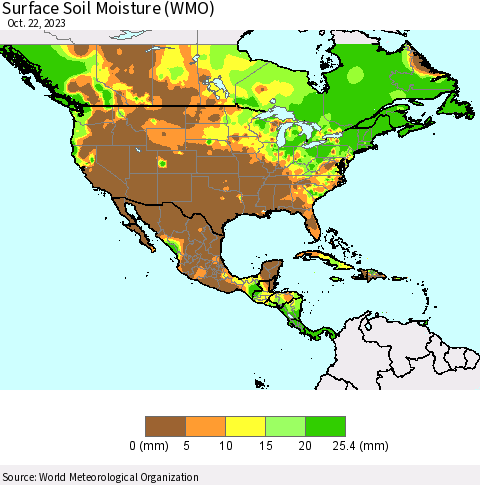 North America Surface Soil Moisture (WMO) Thematic Map For 10/16/2023 - 10/22/2023