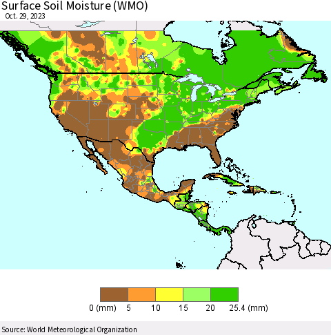 North America Surface Soil Moisture (WMO) Thematic Map For 10/23/2023 - 10/29/2023