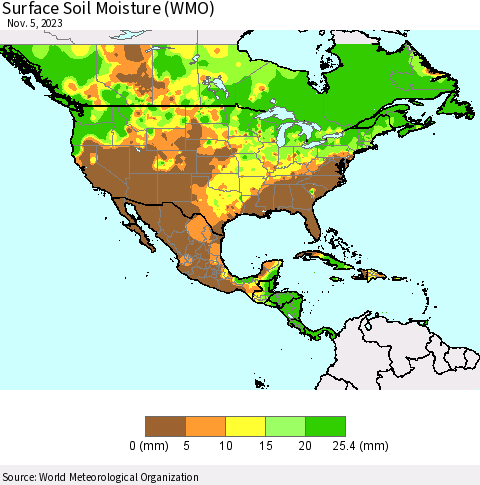North America Surface Soil Moisture (WMO) Thematic Map For 10/30/2023 - 11/5/2023