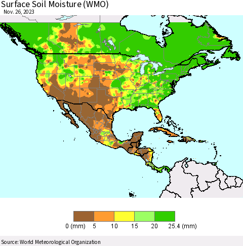 North America Surface Soil Moisture (WMO) Thematic Map For 11/20/2023 - 11/26/2023