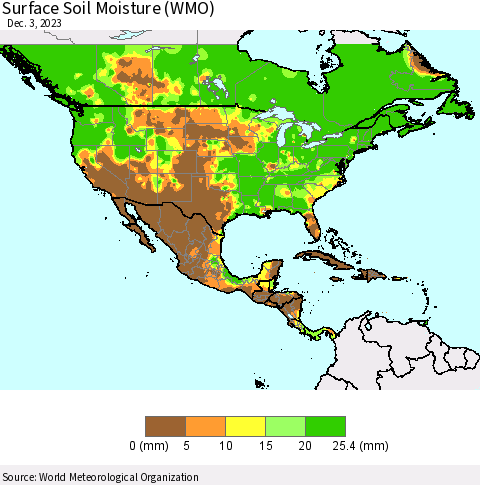 North America Surface Soil Moisture (WMO) Thematic Map For 11/27/2023 - 12/3/2023