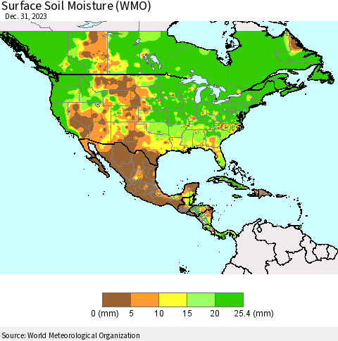 North America Surface Soil Moisture (WMO) Thematic Map For 12/25/2023 - 12/31/2023