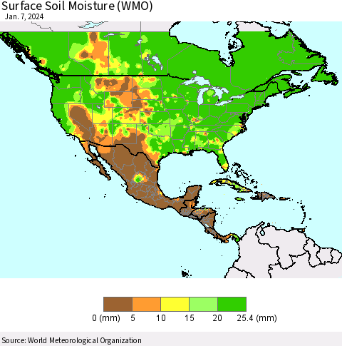 North America Surface Soil Moisture (WMO) Thematic Map For 1/1/2024 - 1/7/2024